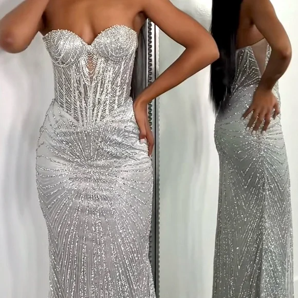 Strapless Silver Embellished Corset Gown - Picture 3 of 8